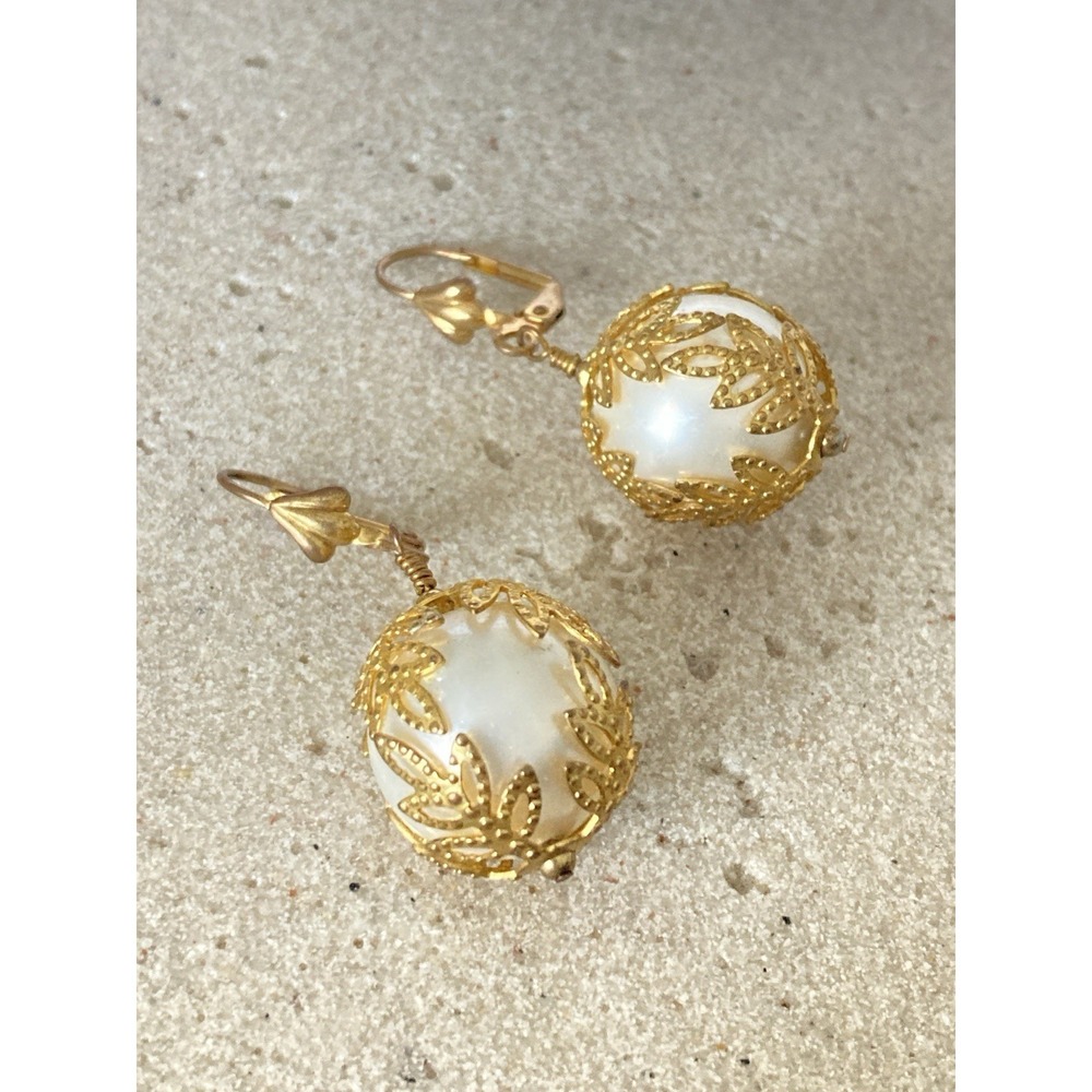 Gold Tone Leaf Cage Earrings White Bead Dangle Leverback Faux Pearl Romantic
